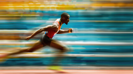 A sprinter is running on a track, showing strong focus and speed, with blurred stands in the background.