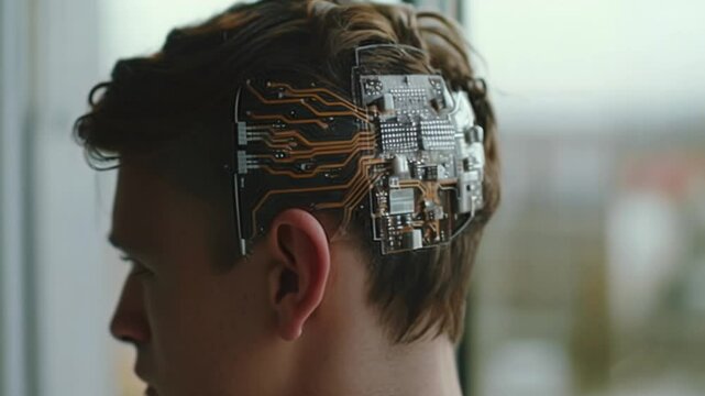 man wearing brain microchip implant technology on back of head Generative AI