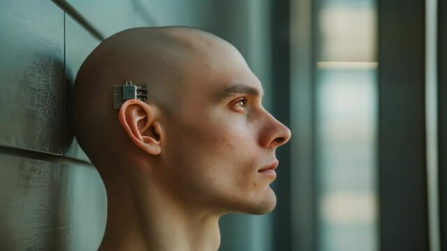 male wearing brain microchip implant technology on his head Generative AI