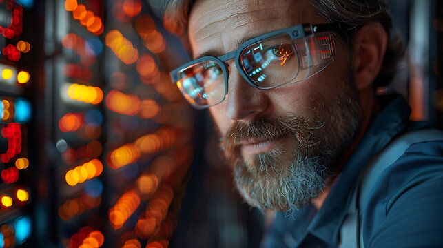 A close-up portrait of an adult man with glasses, looking at the camera and working on his computer in front of data center equipment. The background is blurred, creating a bokeh effect.