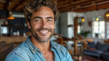 Obraz premium A man with wavy hair smiles warmly while wearing a denim shirt inside a cozy, rustic living space with wooden beams and modern elements.