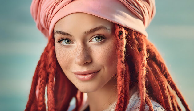 model, frau, haut, sch&ouml;nheit, portrait, Sommersprossen, afro, turban, Haarband, hippie, indie, close up, gesicht, l&auml;chelnd, drealoacks, rote, haare, pink, rosa, pastel, schon, werbung, make-up, modern