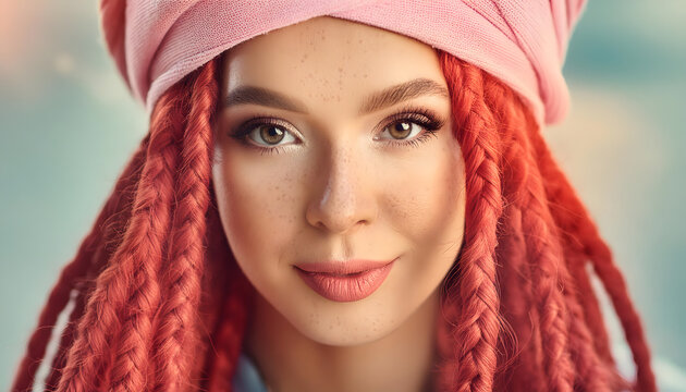 model, frau, haut, sch&ouml;nheit, portrait, Sommersprossen, afro, turban, Haarband, hippie, indie, close up, gesicht, l&auml;chelnd, drealoacks, rote, haare, pink, rosa, pastel, schon, werbung, make-up, modern