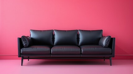 Fototapeta premium An AI-controlled sofa in a sleek jet black against a hot pink background wall, creating a striking modern bedroom look