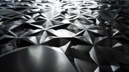 The image displays a dark, geometric surface with numerous shiny, angular shapes creating a complex, modern pattern. The lighting highlights the textures.