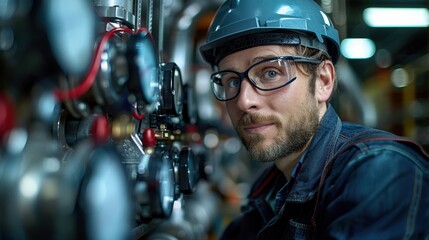 A male engineer wearing glasses and a helmet stands by industrial equipment, focused on his task and showcasing the precision and technical skills required in his profession.
