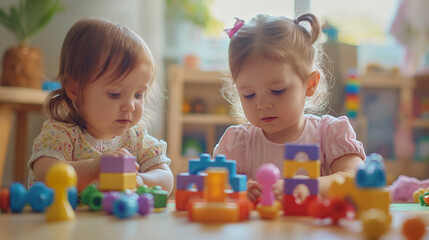 happy preschool children  playing together with colorful toys at kindergarten