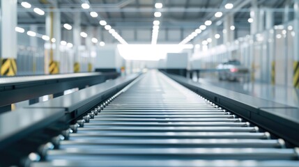 Obraz premium Conveyor belts transporting completed PCBs in a highly automated production environment. Fully Automated PCB Assembly Line