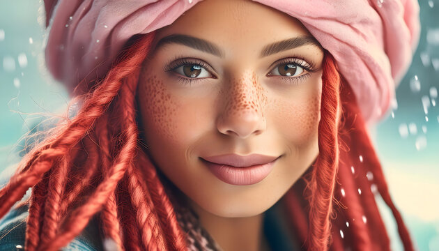 model, frau, haut, sch&ouml;nheit, portrait, Sommersprossen, afro, turban, Haarband, hippie, indie, close up, gesicht, l&auml;chelnd, drealoacks, rote, haare, pink, rosa, pastel, schon, werbung, make-up, modern