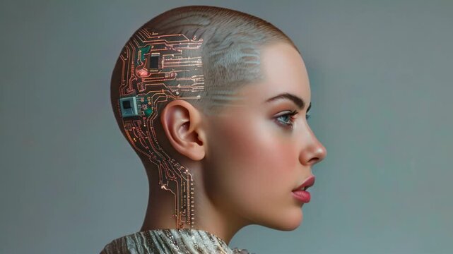 abstract female with robotic circuits on head Generative AI
