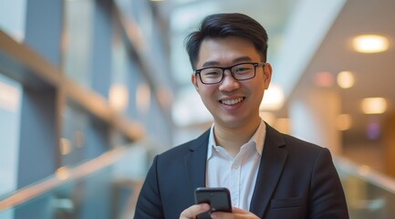 Happy smiling busy young professional asian business man holding cellphone using mobile apps looking at mobile cell phone tech with smartphone in hands standing in office at work.