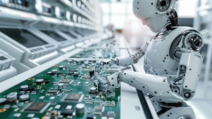 High-tech robot carefully handling delicate PCB components on the assembly line. Fully Automated PCB Assembly Line