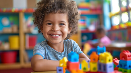 smiling preschool child playing together with colorful toys at kindergarten