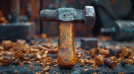 Vintage Hammer on a Workshop Table