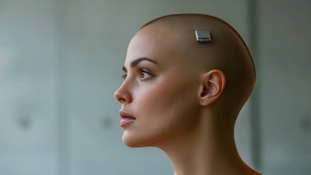 woman wearing brain microchip implant innovative technology on her head Generative AI