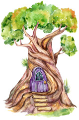 watercolor illustration of magical treehouse for fairy or gnome isolated on transparent. hand-painted artwork for design element for children's books, greeting cards, and fantasy-themed projects.
