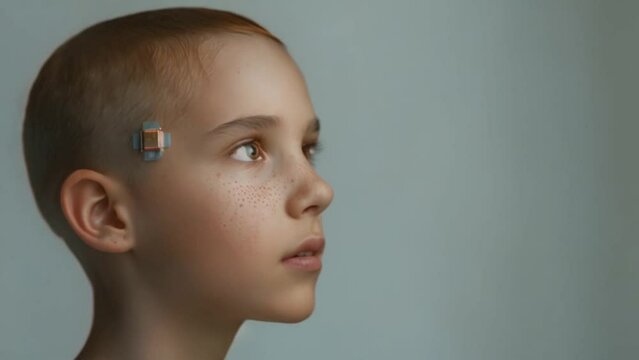 young male child wearing brain microchip innovative technology Generative AI