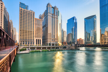 Chicago Downtown Cityscape with Chicago River at Sunset