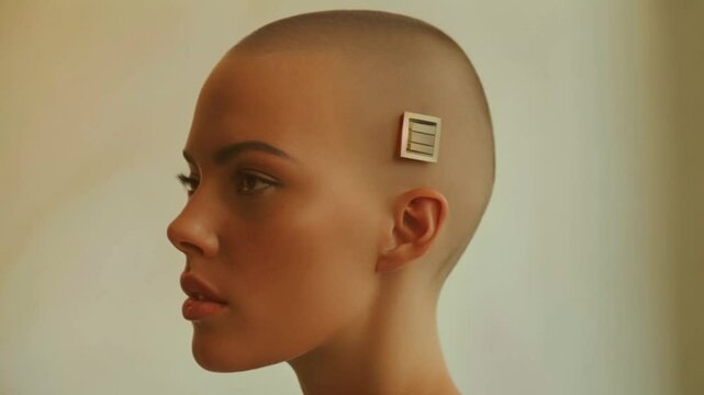 female woman wearing brain microchip implant innovative technology on head Generative AI