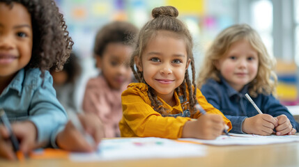 happy preschool students sitting on table drawing on paper at kindergarten 