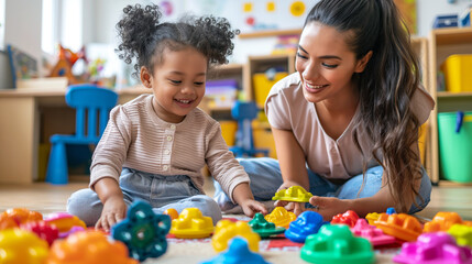 smiling female teacher and preschool child playing together with colorful toys  at kindergarten
