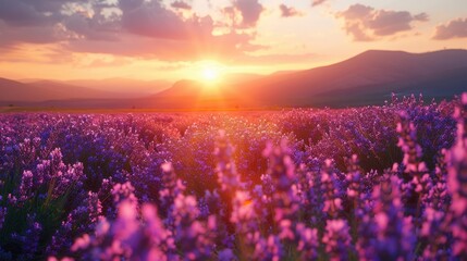 A mesmerizing image of a lavender field bathed in the warm hues of a sunset, showcasing the natural beauty and tranquillity of blooming lavender in the evening light.