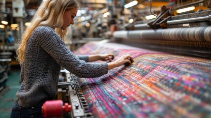 A fascinating image showing a female artisan meticulously inspecting a colorful textile pattern on a weaving loom, reflecting the dedication and attention to detail involved in textile artistry.