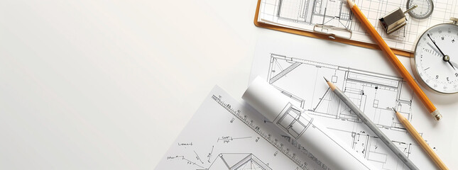 Architects concept, engineer architect designer freelance work on start-up project drawing, construction plan. architect design working drawing sketch plans blueprints and making construction model