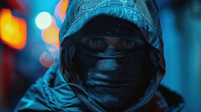 The image depicts a shadowy figure wearing a hooded jacket, standing in a dimly lit urban alleyway with vibrant, out-of-focus lights in the background.