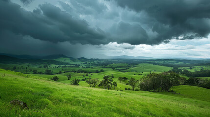 Dark clouds gather over rolling green hills that stretch towards distant mountains, creating a vivid contrast between the lush grass and the stormy sky.