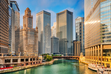 Chicago Downtown Cityscape with Chicago River at Sunrise
