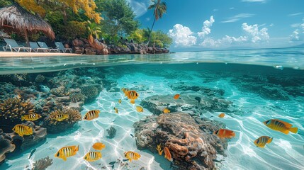 A flawless beach scene blending calm relaxation with a glimpse into the vibrant underwater world of coral reefs, filled with colorful fish and surrounded by lush vegetation.