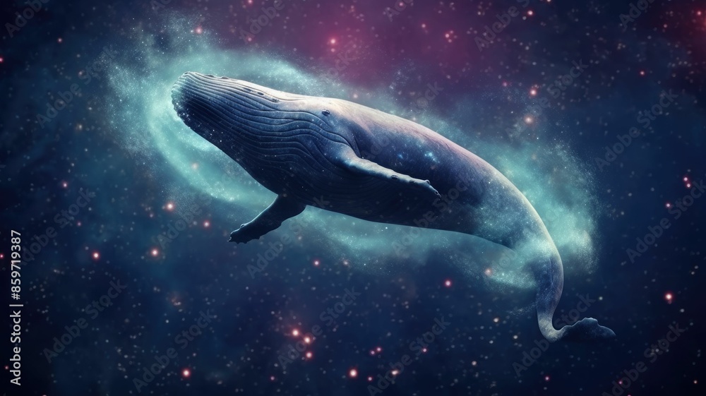 Wall mural surreal art design of a whale floating in space with a cosmic background and starry sky. digital art