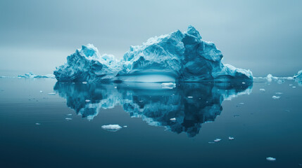 A large iceberg is in calm water, reflecting its shape. Small ice chunks float around it under a cloudy sky, creating a serene, cold scene.