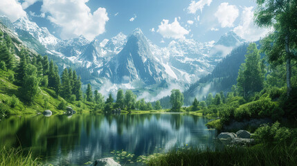Snow-capped mountains rise behind a calm lake surrounded by green trees and rocks. The sky is blue with fluffy white clouds.