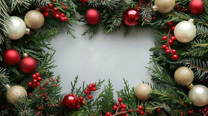 Holiday white ornaments with room for customization Pretty evergreen boughs adorned with festive balls Christmas and winter theme in a picture frame backdrop for New Year