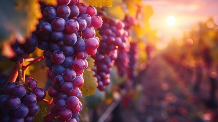 In a vineyard at sunset, ripe, plump grapes hang from the vines, radiating vibrant colors and...