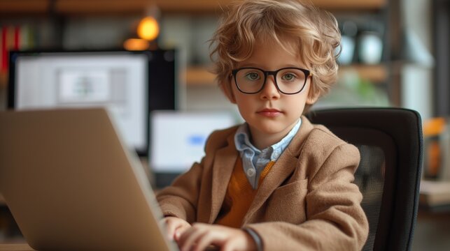 smart kid business learning and knowledge concept, young boy wearing formal business attire with graph on computer screen as background