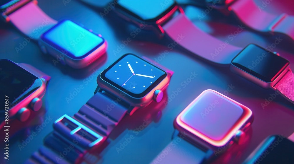 Poster colorful smartwatches on neon background display health data, notifications, and time on digital scr