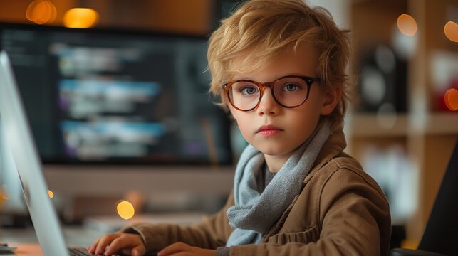 smart kid business learning and knowledge concept, young boy wearing formal business attire with graph on computer screen as background - Powered by Adobe