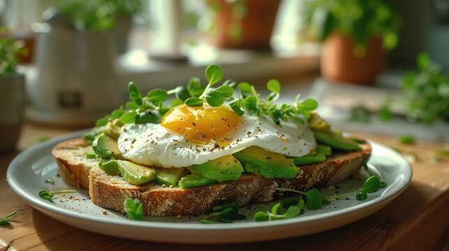 Delicious avocado toast with poached egg
