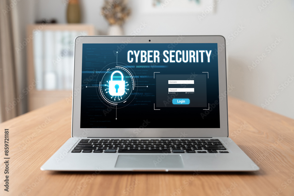 Poster cyber security system on computer screen protect private information snugly from hacker and cyber at