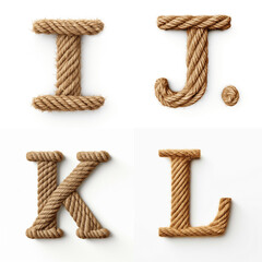 I, J, K, L, letter out of jute rustic rope, type, rope, alphabet, text, lettering, typography, 3D style
