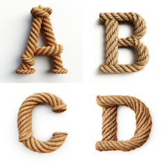 A, B, C, D, letter out of jute rustic rope, type, rope, alphabet, text, lettering, typography, 3D style