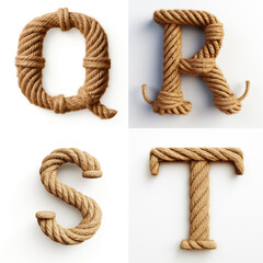 Q, R, S, T, letter out of jute rustic rope, type, rope, alphabet, text, lettering, typography, 3D style