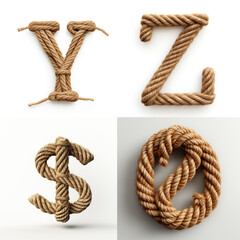 Y, Z, $, 0, letter out of jute rustic rope, type, rope, alphabet, text, lettering, typography, 3D style