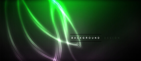 Neon glowing circle rays, light round lines in the dark, planet style neon wave lines. Energetic electric concept design for wallpaper, banner, background