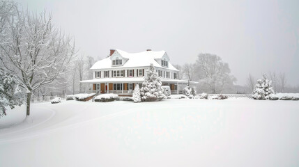 Fototapeta premium A large house with a wraparound porch stands amid a winter landscape, surrounded by snow-covered trees and bushes.