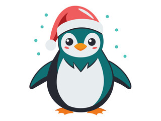 Fototapeta premium Cute penguin in Christmas Santa hat isolated on white background. Adorable little penguin in festive attire. Concept of holiday pets, Christmas animal, festive season. Print, logo, design element. Art