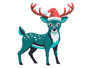 Cute deer in Christmas Santa hat isolated on white background. Adorable reindeer in festive attire. Concept of holiday pets, Christmas animals, festive season. Print, logo, design element